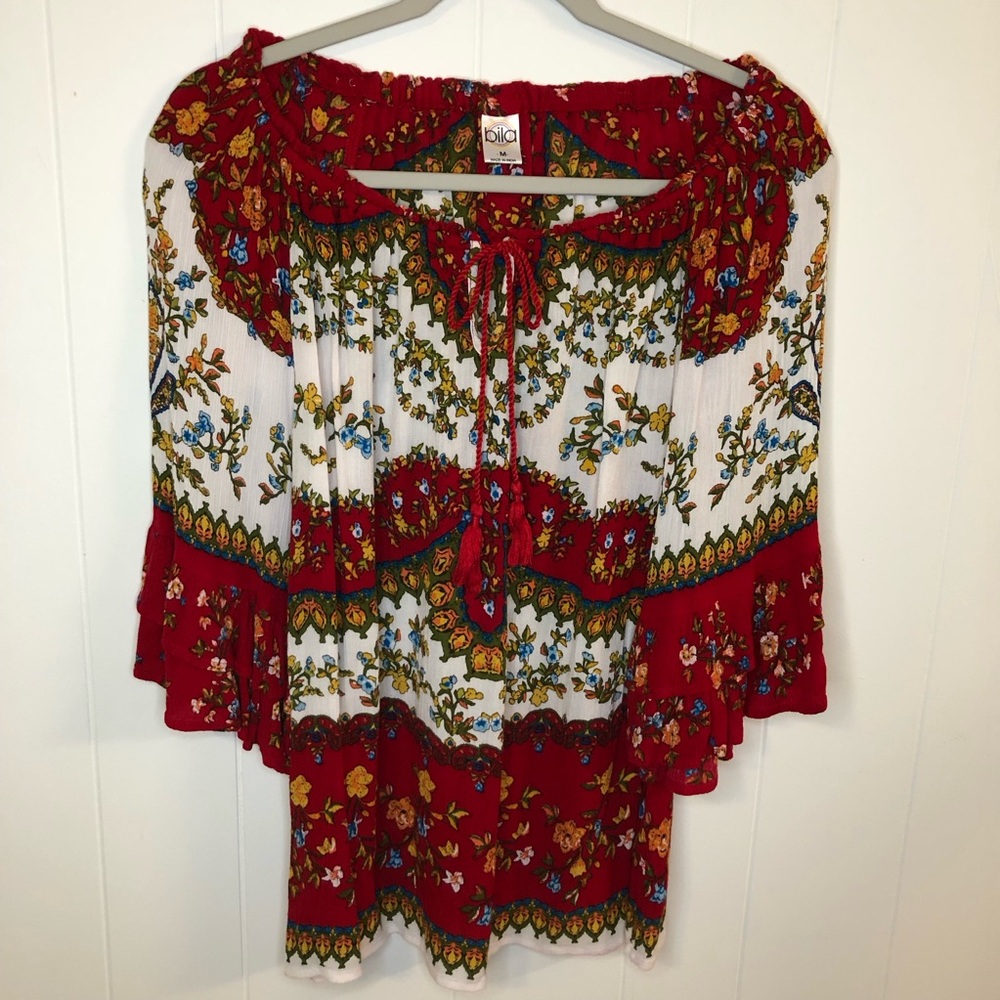 Bila Red and White Floral Boho Off-Shoulder Tunic Medium
